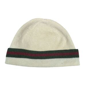 GUCCI Off White Ribbed Knit Wool Silk Blend Beanie Snow Cap Web Sherry Line Ex+